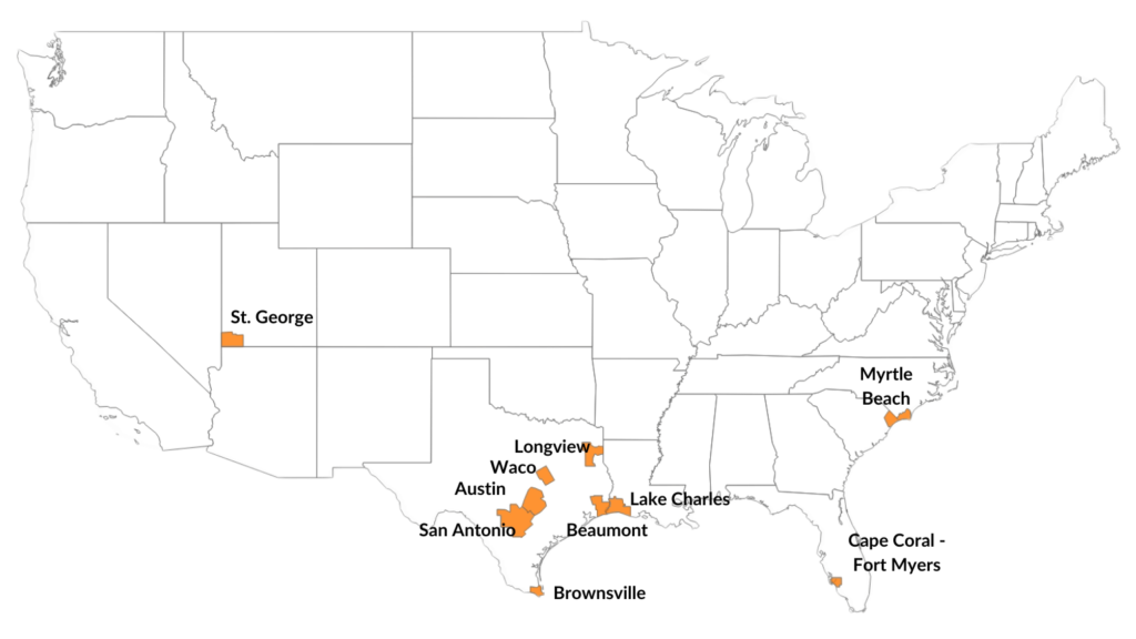 USA map showing the Top 10 Hottest Markets